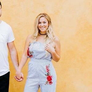 Blue striped strapless jumpsuit